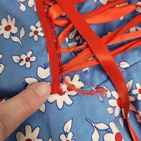 VOODOO VIXEN dress blue daisy floral corset lace up circle pinup S - Picture 6 of 14